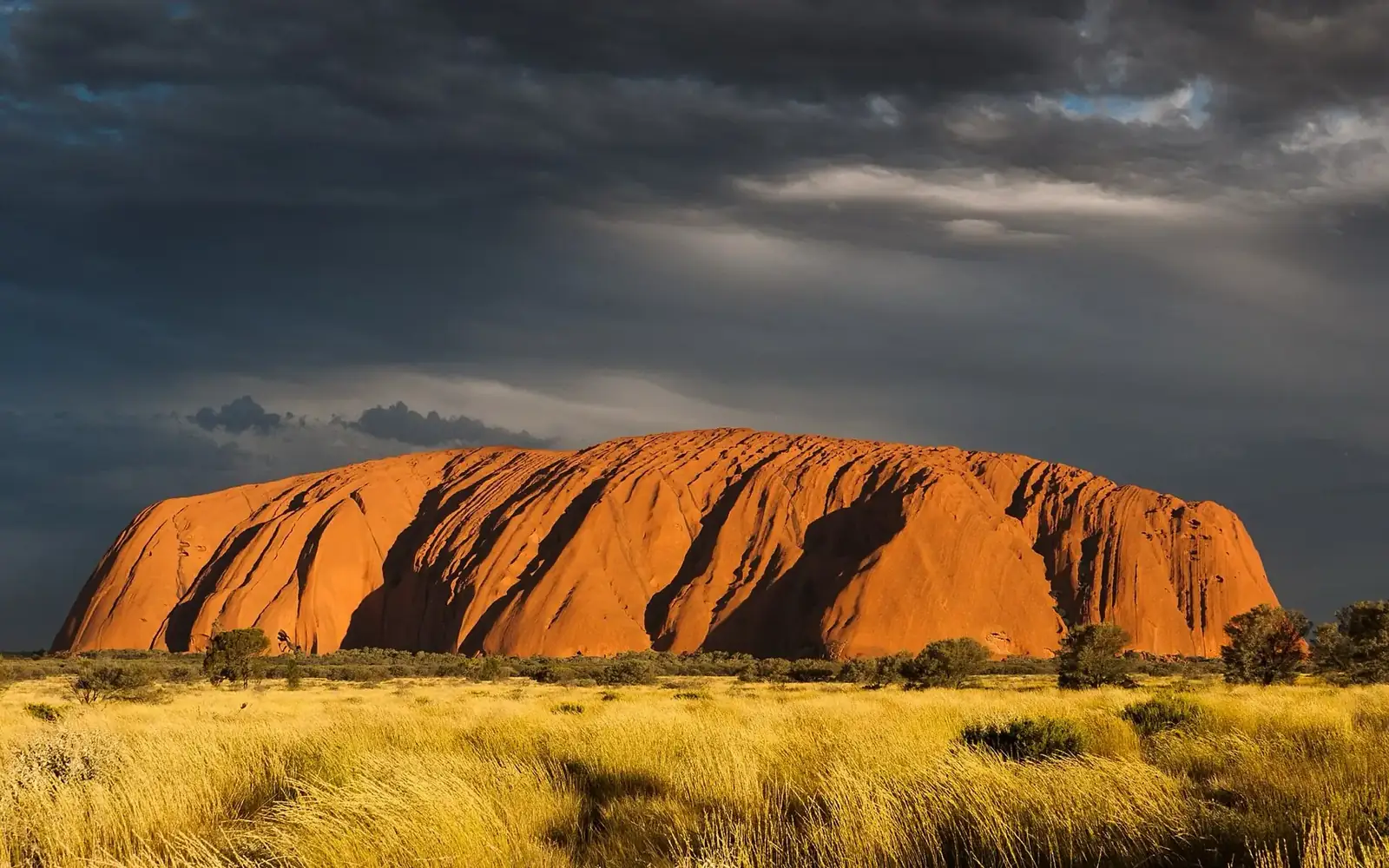 Uluru lit by low golden light under a darkening sky